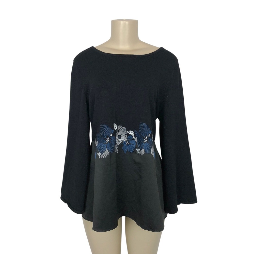 Alfani Floral Embroidered Mixed Media Peplum Sweater Top XL Flare Sleeve Artsy